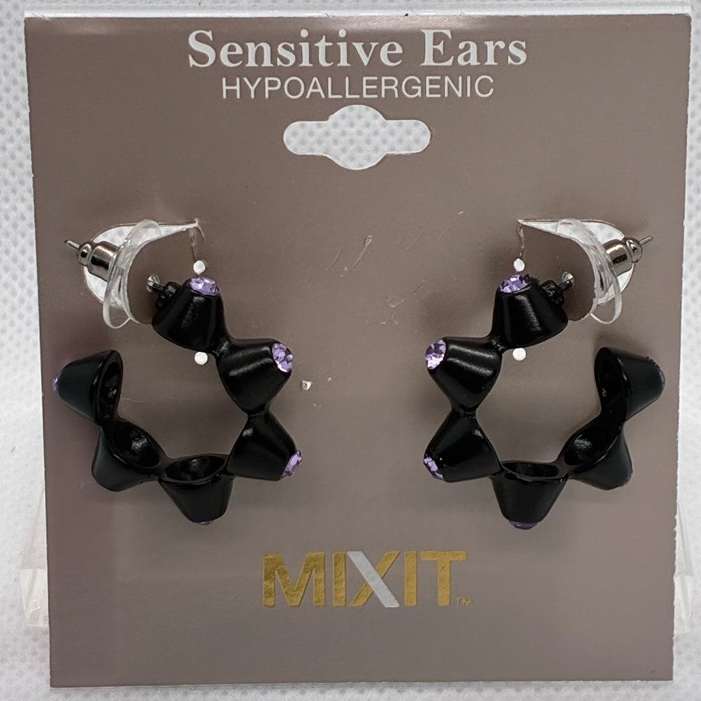 3For$20 Mixit Black  Studded Hoop Earrings with Lilac Accent Strip